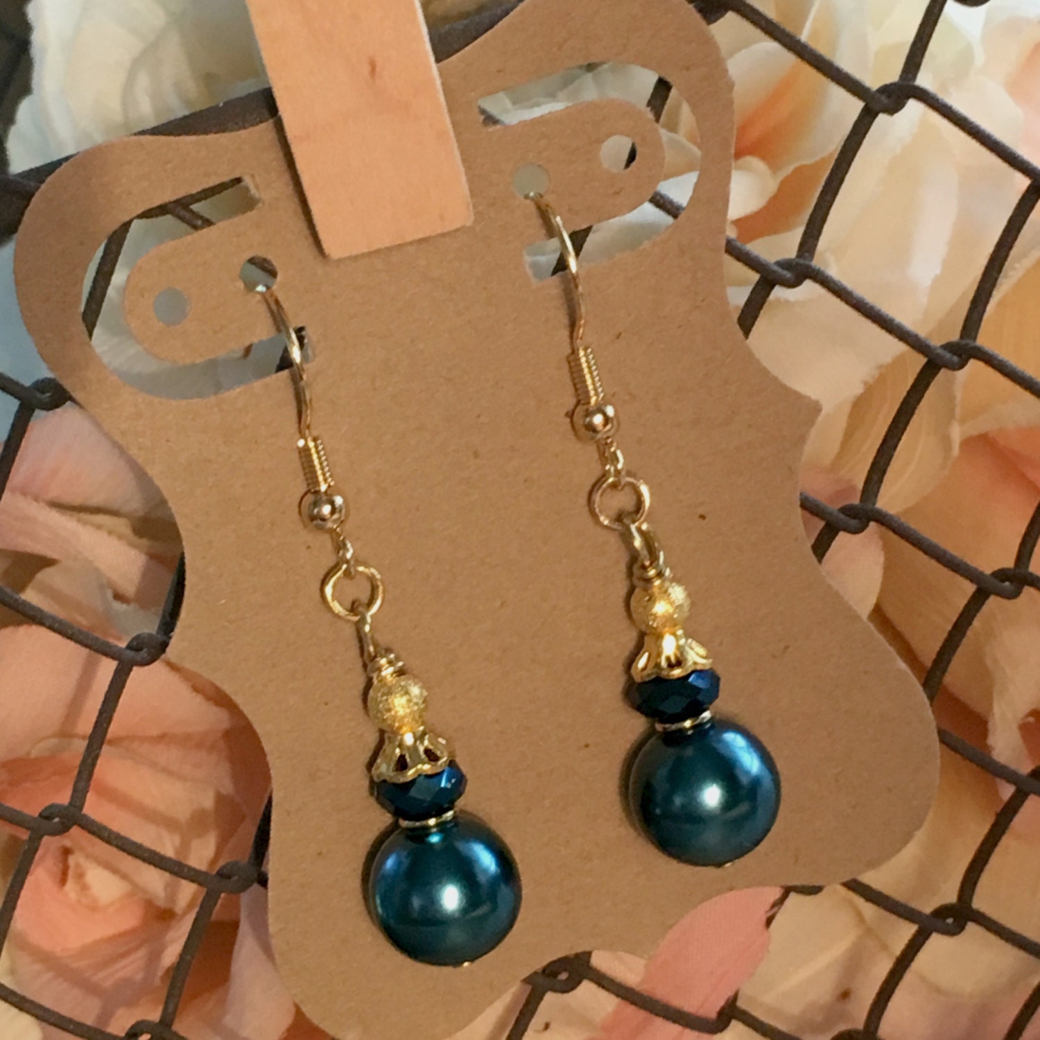 Navy Pearl Drop Earrings with Crystal & Gold by MABSandLOLA