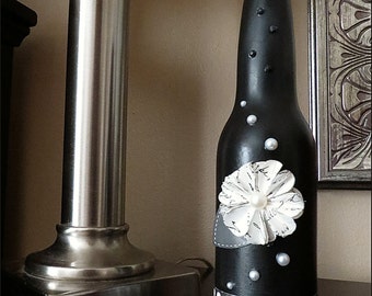 Wine Black Bottle, Small Wine Bottle, Shabby Chic Wine Bottle, Re-Cycled Wine Bottle, Up-Cycled Wine Bottle, Decorated Wine Glass Bottle.