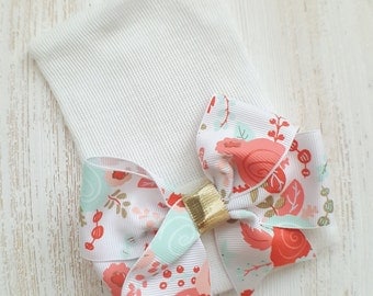 Newborn girl hospital hat- coral, gold, mint, and white bow, baby girl hospital hat, white hospital hat, newborn hat, baby girl beanie