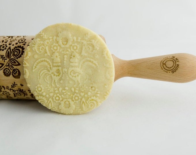 FOLK rolling pin, embossing rolling pin, engraved rolling pin for a gift, rooster, gift ideas, gifts, unique, autumn, wedding