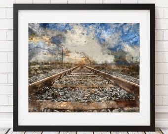 Railroad Tracks Print - Watercolor Print, Watercolor Art, Watercolor Painting, Train Tracks Print, Train Track Art, Rustic Wall Art, Office