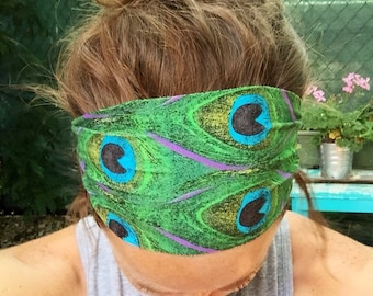 Fitness/Running/Yoga/Workout Wide Headband-PEACOCK FEATHERS