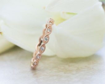 Art Deco Wedding Band, Eternity Band, Stackable Ring, Marquise Ring, Rose Gold Plated, Diamond Simulants, Sterling Silver