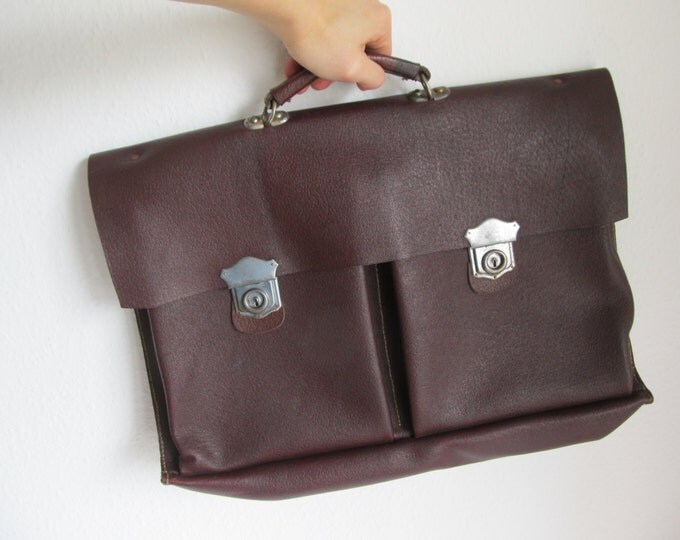 Vintage burgundy leather folio bag, soft sided briefcase attache, genuine leather laptop sleeve, notebook bag, student satchel bag for men