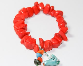 Coral Hibiscus Inspired- Stone Stretch Bracelet With Charm Dangles