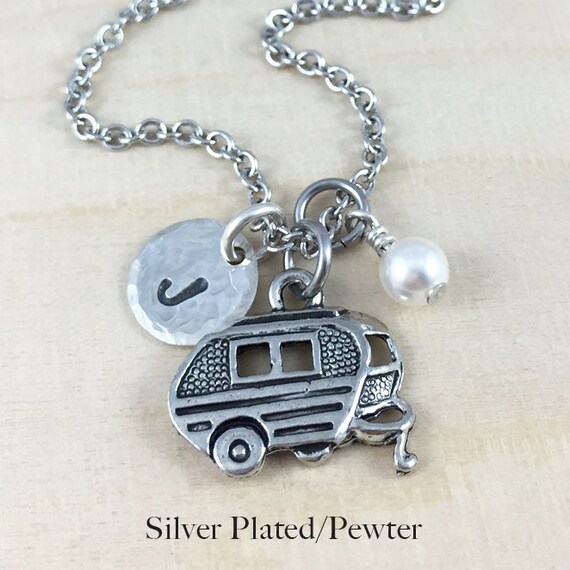 Camper Trailer Charm Necklace Hand Stamped Initial and