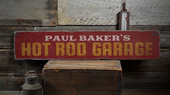 Hot Rod Garage Wood Sign Personalized Shop Owner Name Decor