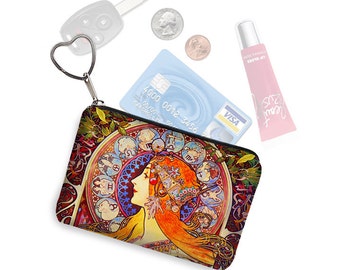 Small Zipper Pouch Coin Purse Keychain Key Fob Business Card Holder Purse Organizer Mucha Zodiac Art Nouveau Woman blue orange fabric RTS