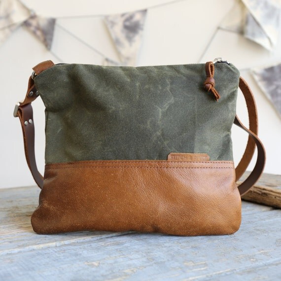 Waxed Canvas and Leather Crossbody Bag Olive / Handmade