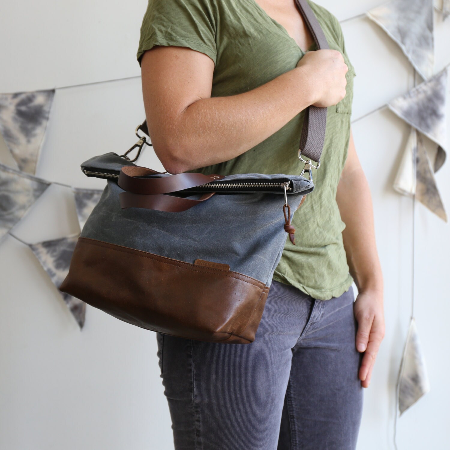 Waxed Canvas and Leather Foldover Crossbody Bag by StitchandRivet
