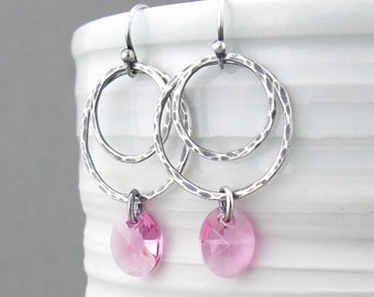 Bead Earrings Silver Hoop Earrings With Beads Pink Earrings Crystal Earrings Crystal Jewelry Gift for Her - Ashley