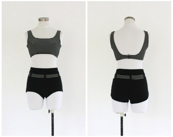 60s stripe bikini | vintage 1960s high waist black & white swimsuit | vtg bathing suit | small