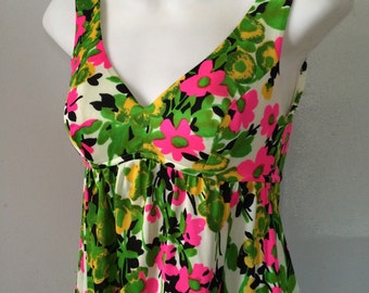 1960's Maxi Dress Mod Floral Extra Small Lime Hot Pink Sleeveless Empire Waist High Side Slit Juniors