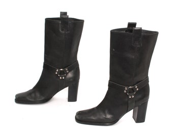 size 8 PLATFORM black leather 80s 90s MOTO HARNESS high heel ankle boots