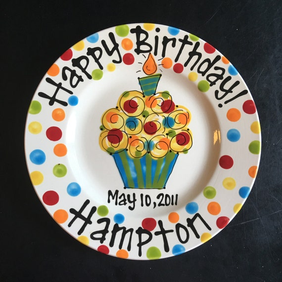 Hand Painted Birthday Plate Colorful Cupcake