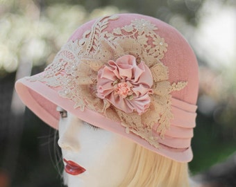 Cloche Hat for Wedding Special Occasion in Pale Pink Ivory Lace Flowers