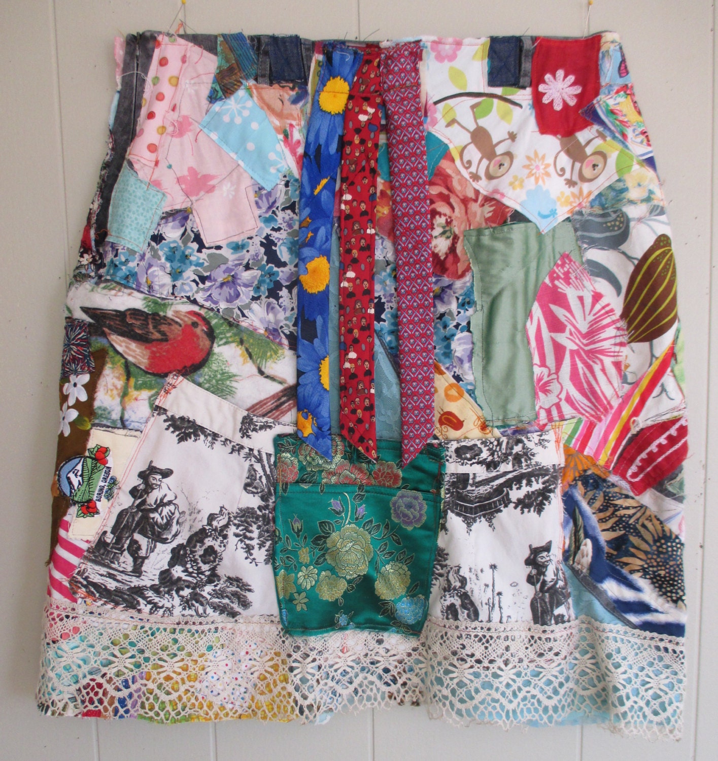 fabric collage clothing skirt Wearable Folk Art Eclectic