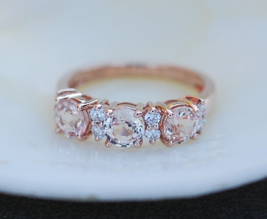  Peach  sapphire anniversary ring  3 stone ring  14k rose gold  