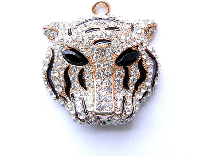 Large Gold-tone Tiger Head Pendant with Epoxy Stripes and Rhinestones