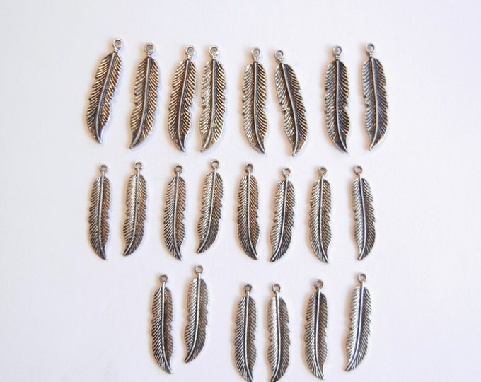 22 or 11 Pairs of Feather Charms Antique Silver-tone