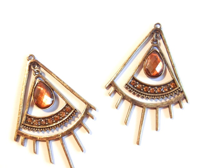 Pair of Antique Gold-tone Triangle Abstract Eye Lash Charms Rhinestones