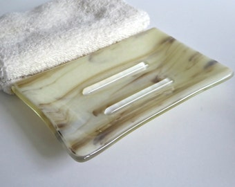 Large Soap Dish in Brown and French Vanilla Streaky Fused Glass by BPRDesigns