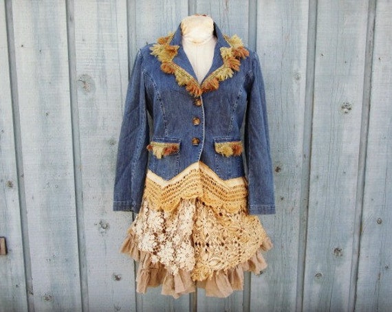 Medium Shabby Chic Upcycled Denim Jacket Coat Blazer Crochet