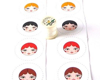 Fabric Panel, Tiny Doll Faces, Fabric Button Covers - set of 8, Button making supplies, Button Anya Doll face
