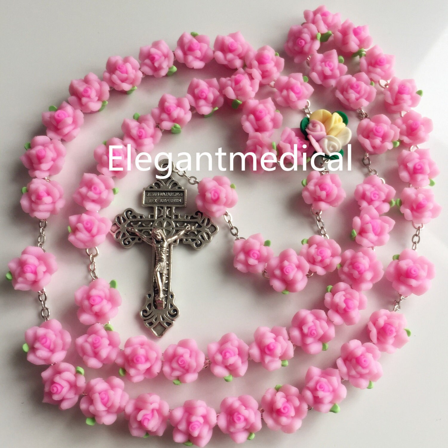 12mm Pink Soft Cerami ROSE BEADS Cross Rosary by elegantmedical