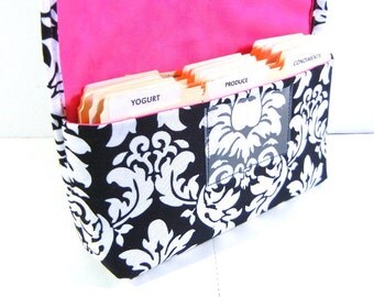 Coupon Organizer Holder, Coupon Wallet, Coupon Carrier Damask Fabric Black and White