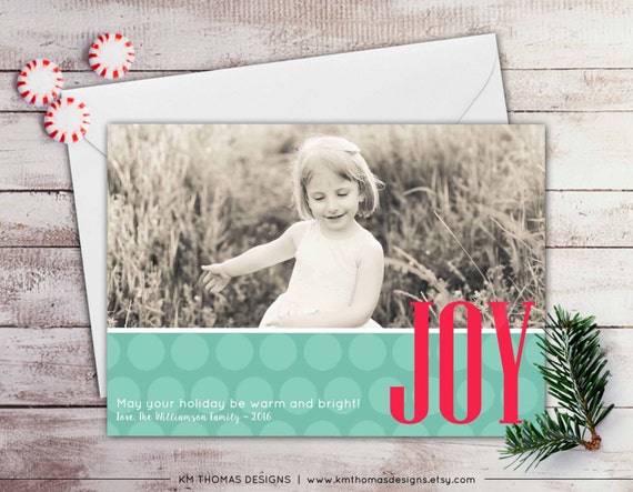 Joy Holiday Photo Card - Photo Christmas Card - New Years Photo Card - Custom Photo Card - Green Pink Holiday Card - Polka Dots - WH153 Il_570xn