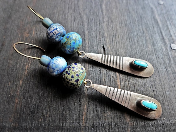Nephefliad- Sterling silver and turquoise artisan earrings with art beads- rustic assemblage jewelry by fancifuldevices