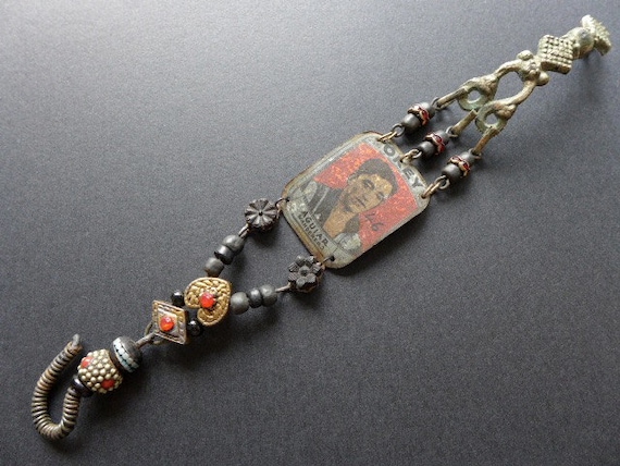 Play. Rustic assemblage victorian tribal bracelet in red and black.