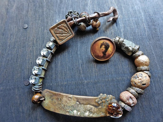 Uxorious. Rustic Victorian tribal assemblage bracelet with photo button.