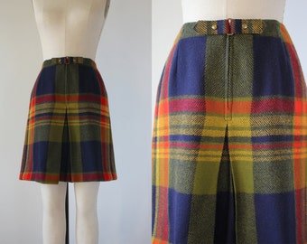 vintage 1960s skort / 60s plaid skirt / 60s rainbow plaid wool skort / 60s buckle waist skort / 1960s school girl skort / 26 inch waist