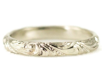 14k White Gold Wedding Band - Vintage Inspired 3mm Wedding Ring