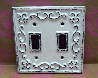 Fleur de lis Cast Iron FDL Light Switch Plate Cover Double Wall Shabby Style Chic Distressed Rustic French Decor White White
