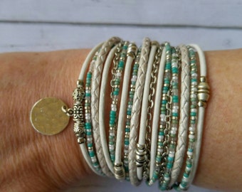 Multistrand Cuff - White Leather Wrap Bracelet - Coachella 2017 - Modern Bohemian Bracelet - Choose ONE Charm - Customizeable - Best Seller