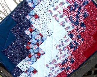 Patriotic Quilt - Throw Quilt - Happy Forth of July - Independence Day - Americana Quilt - American Flag Quilt- Handmade Patchwork Quilt-RTS