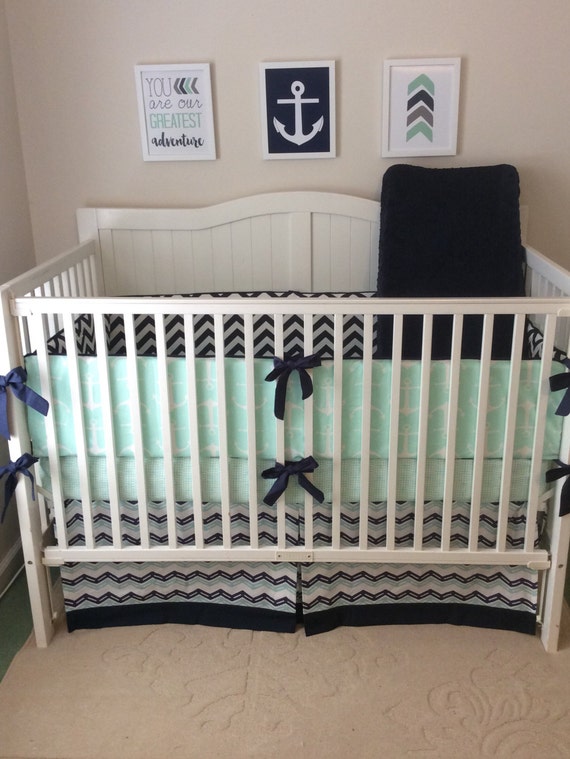 Baby Boy Crib Bedding Set Navy and Mint Nautical