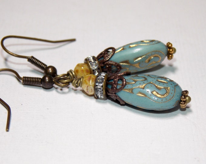 Teardrop Earrings Blue Gold Earrings Brass Rhinestones Vintage Earrings Etched Lucite Drop Earrings Czech Beads Taupe Aqua