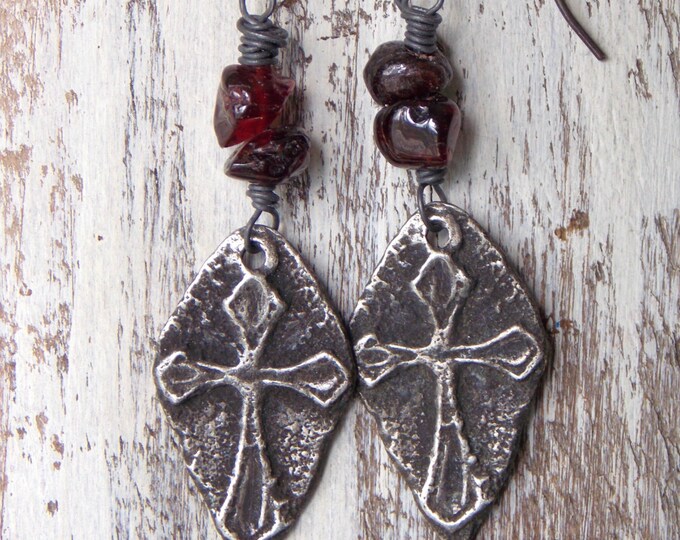 Rustic Cross Earrings Garnet Gemstone Artisan Pewter Cross Dangle Earrings Sterling Silver Spiritual Earrings Religious Birthstone Jewelry