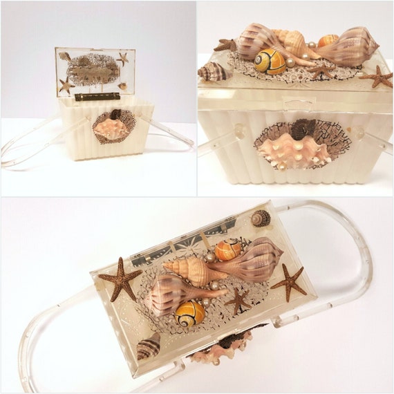 Vintage Acrylic Purse 50s Seashell Novelty Plastic Box Purse