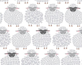 Wool Ewe Be Mine Sheep Fabric- Cotton By the Yard- Sheepish Grin White and Grey