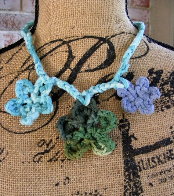 Crochet Necklace Flower Tshirt Yarn Green Blue Handmade