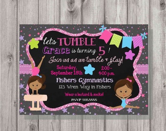 DIGITAL Gymastics Tumbling Glitter & Chalkboard Stars Birthday Girl Party Invitation - African American