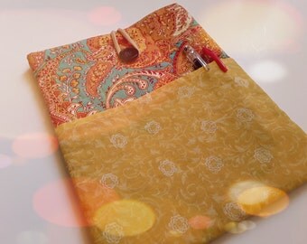 Handmade Fabric Notebook Sleeve, Tablet Sleeve 11", OOAK, Ready To Ship, Paisley, Yellow, Amber, TurquoiSee, CIJ