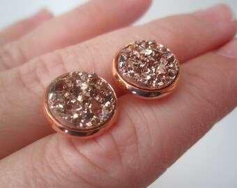 Rose Gold Druzy Earrings, 12mm Druzy, Drusy Earrings, Rose Gold Post, Rose Gold Druzy Stud, 12mm Rose Gold Druzy Stud, Bridesmaid Earrings