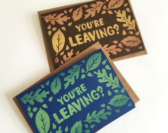 Linocut Funny Leaving Card, Good Luck Card, Hand Printed Card, Bon Voyage Card, Pun card, Autumn Leaves, Spring Leaves