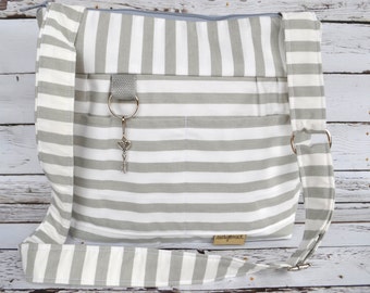Diaper bags by Darby Mack our 'Leila' bag in Cement Grey Stripe / Washable and durable! Made in the USA